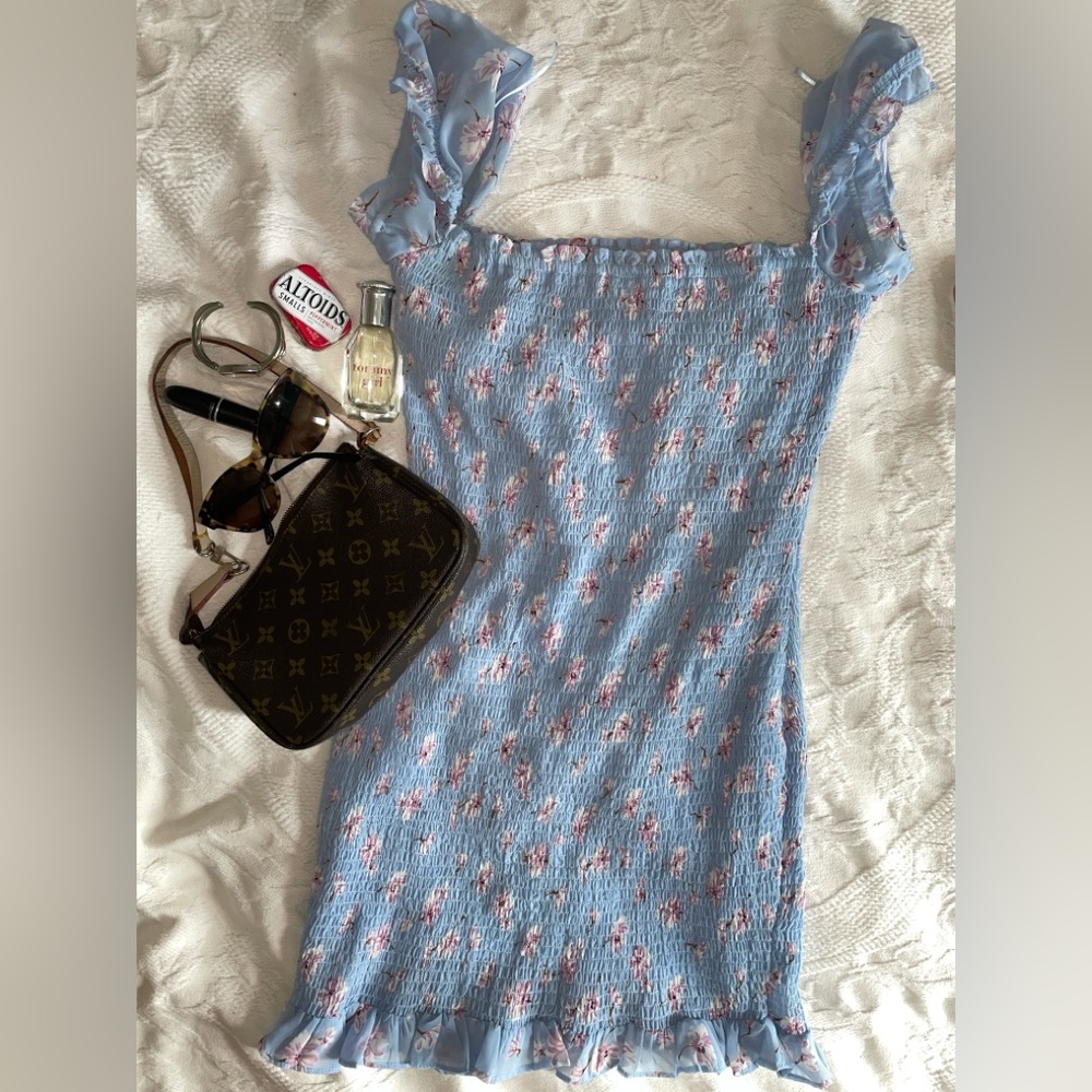 Blue Floral Ruffle Dress